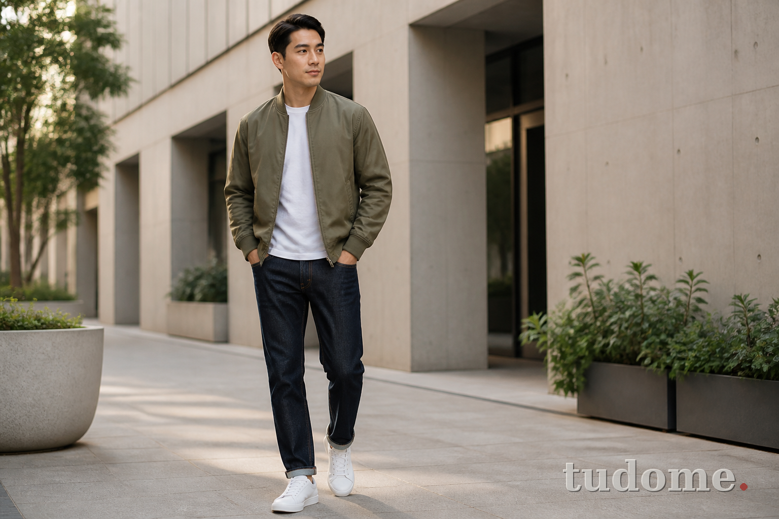 Áo khoác bomber nam màu olive phối quần jean xanh đậm
