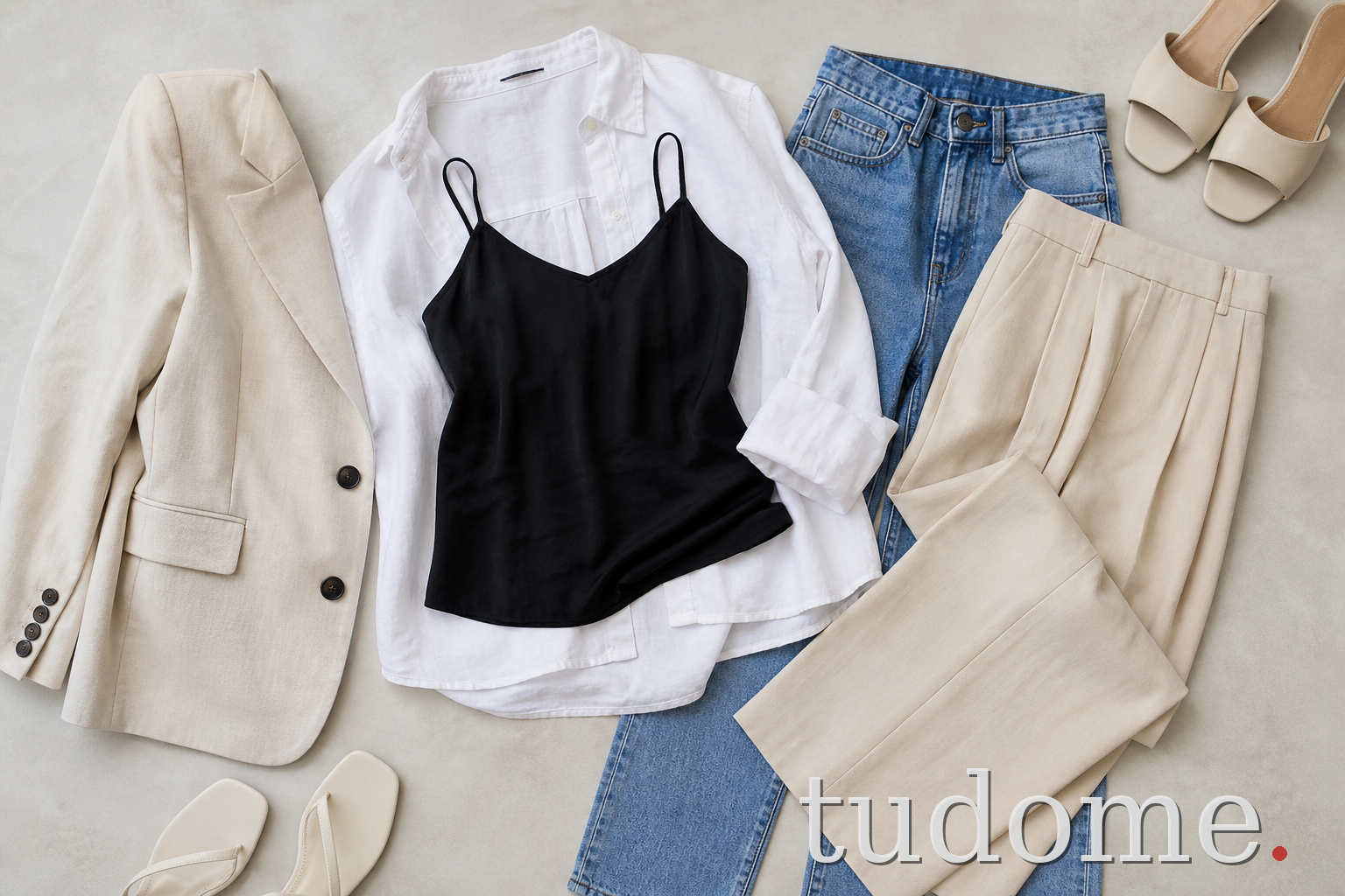 Áo hai dây đen phối với blazer, sơ mi, quần jean và quần tây kem
