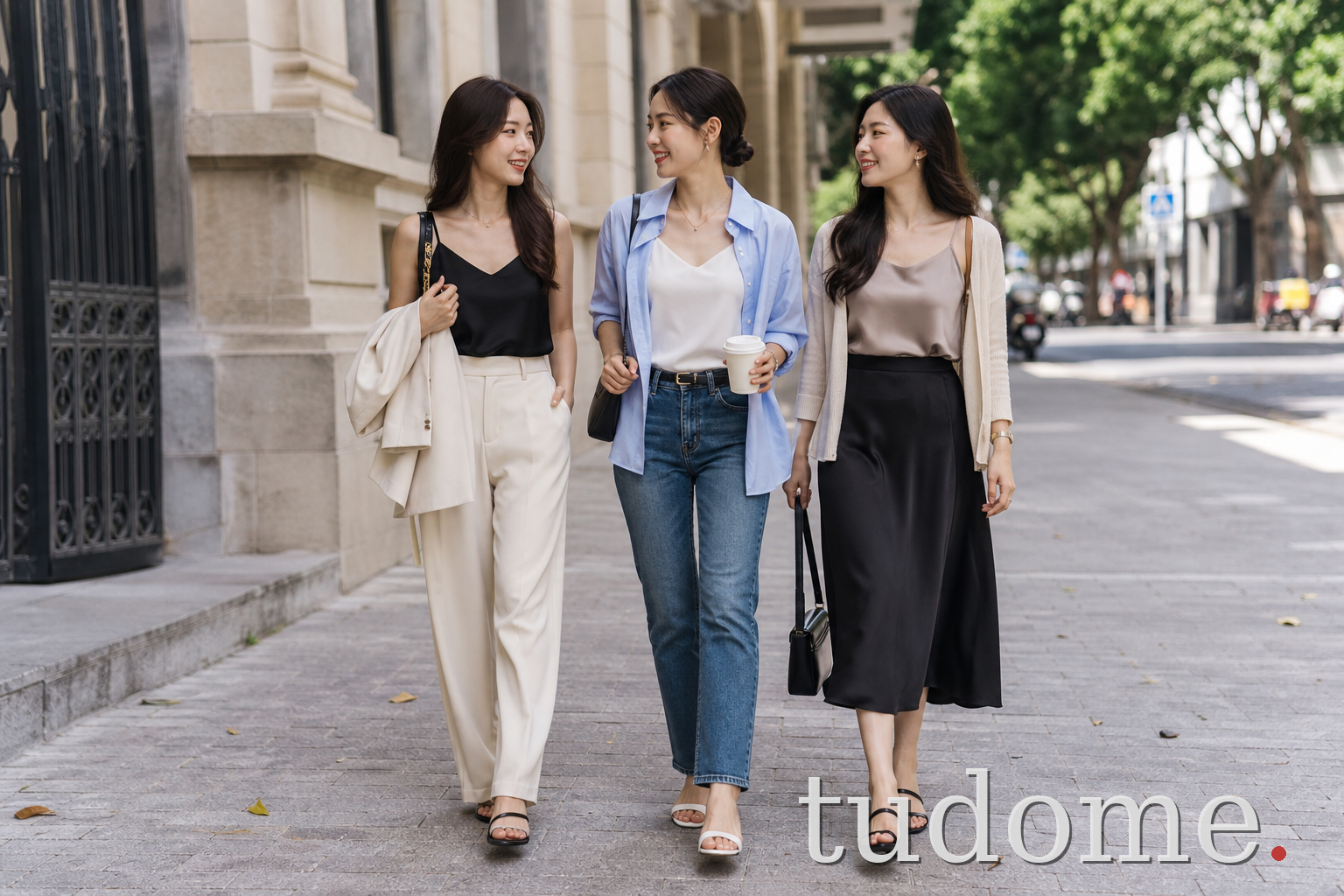 Ba cách phối áo hai dây nữ với quần tây, quần jean và chân váy midi