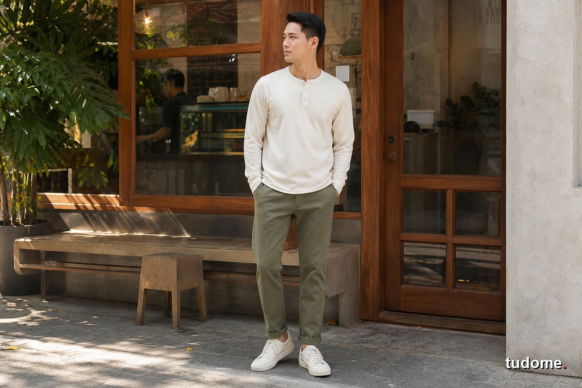 Nam giới mặc áo Henley màu kem cùng quần chinos xanh olive