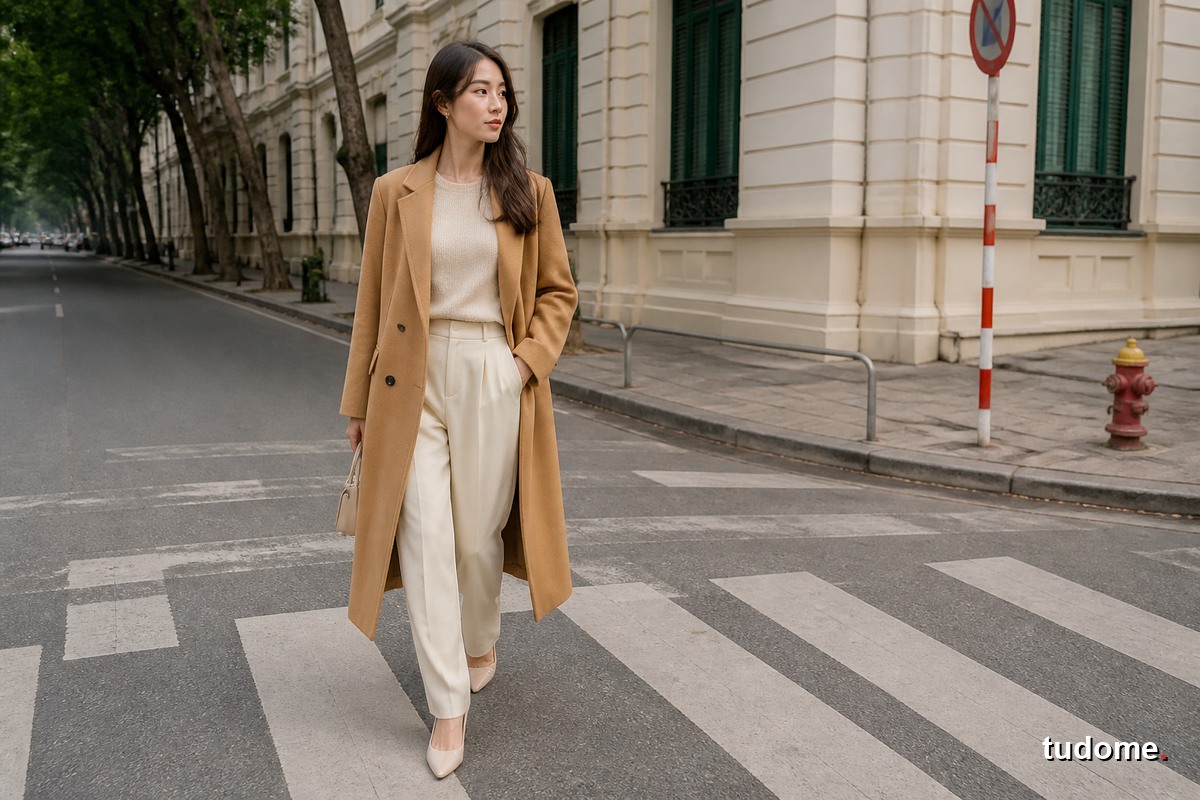Phụ nữ mặc áo khoác dạ màu camel với áo len và quần sáng màu