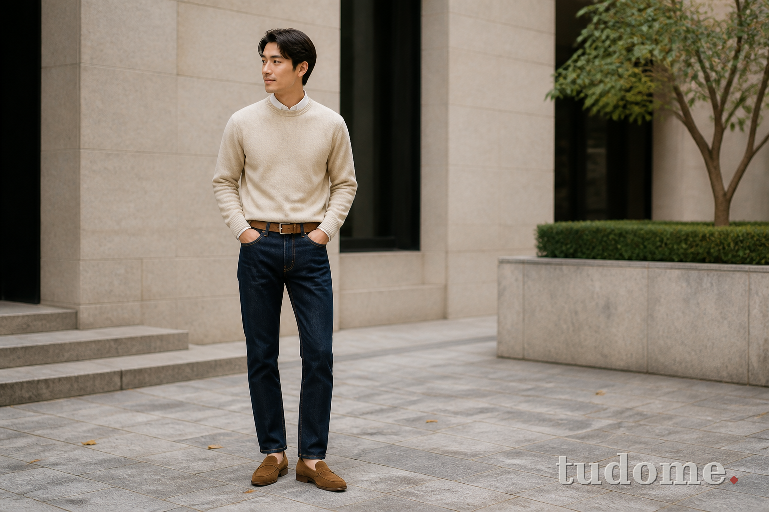 Áo len nam màu kem phối quần jean xanh đậm và loafer