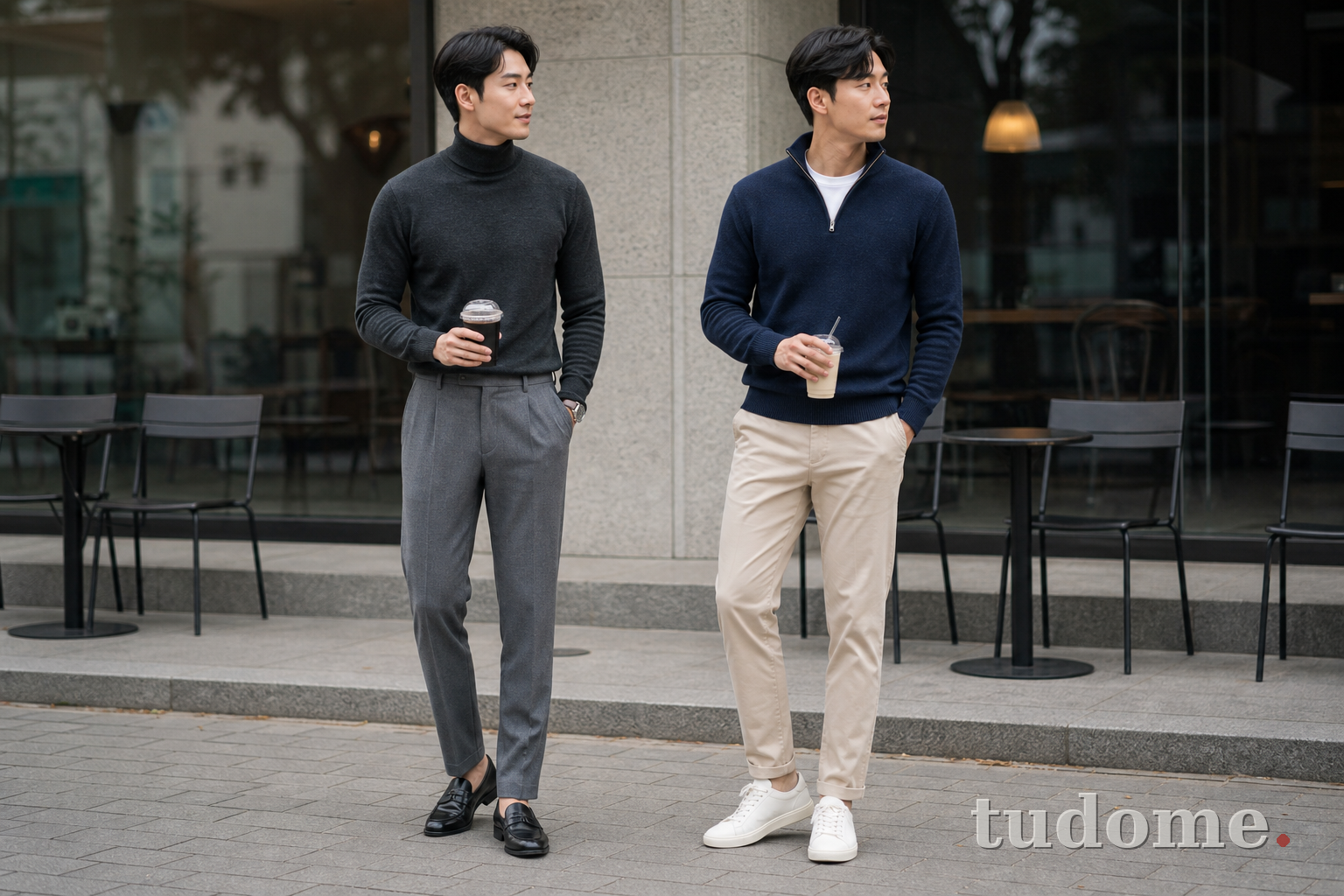 Phối áo len nam cổ lọ với quần tây và áo half zip với kaki