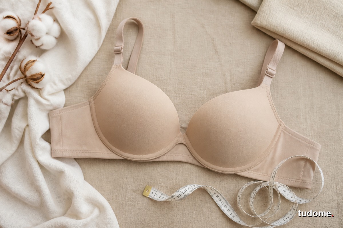 Áo ngực màu be đặt cạnh thước dây và vải cotton mềm