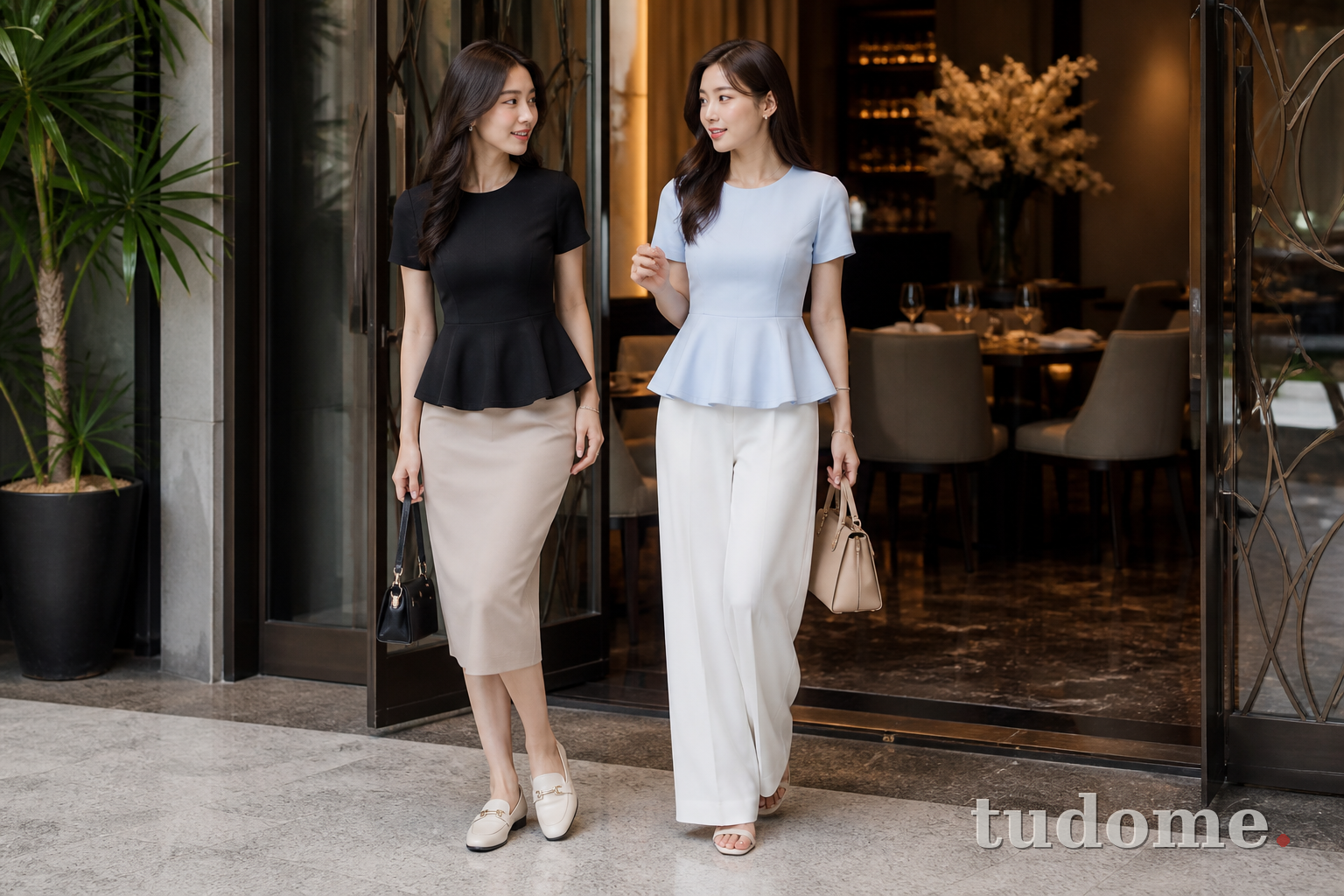 Áo peplum nữ phối chân váy bút chì và quần ống rộng