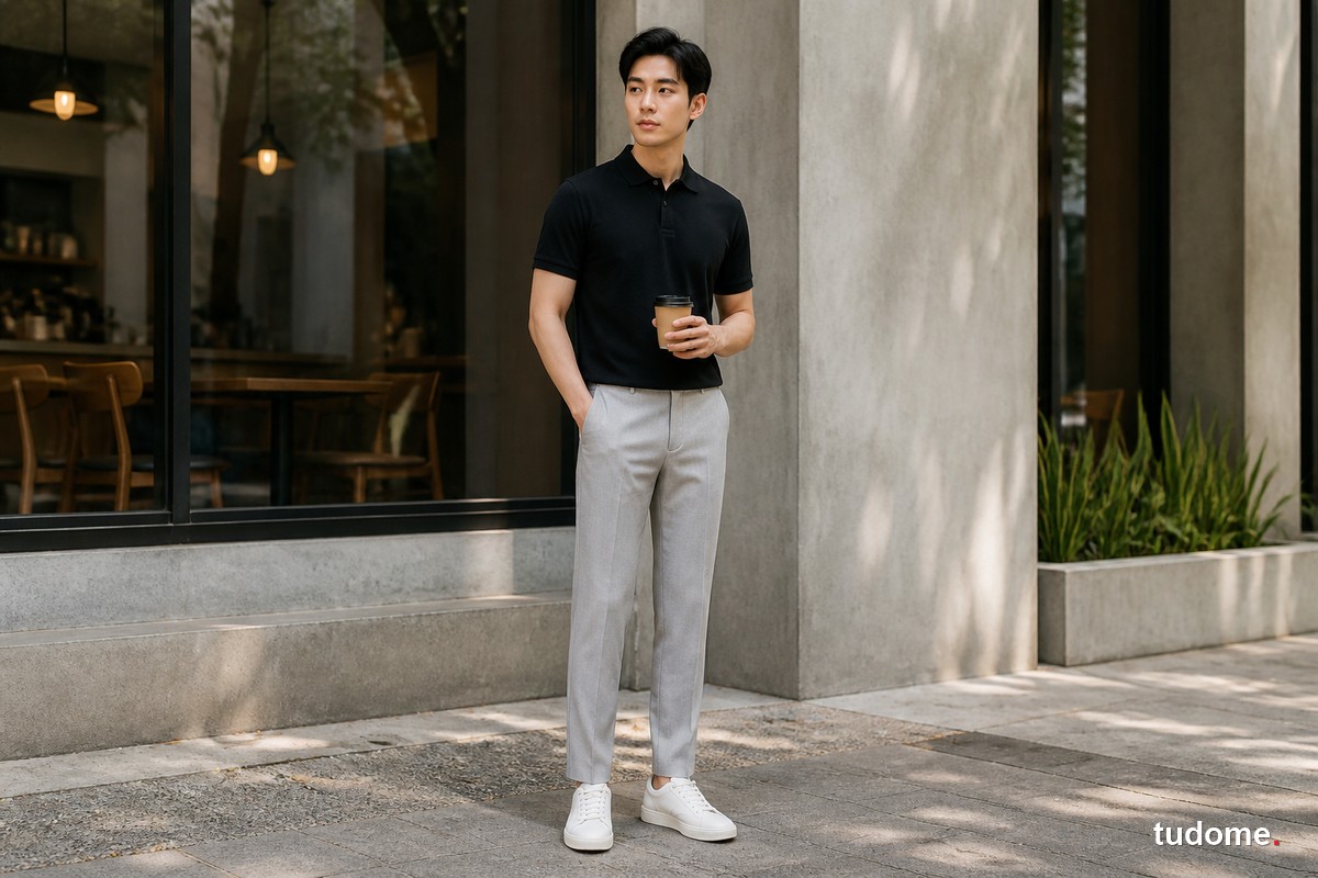 Nam mặc áo polo đen cùng quần xám