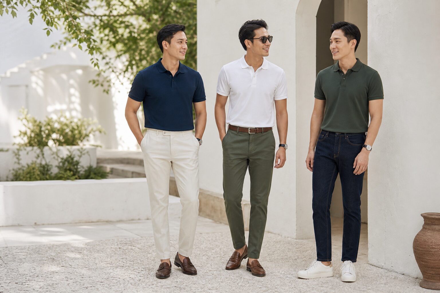 Ba người đàn ông Việt phối áo polo với quần tây, chinos và quần jean