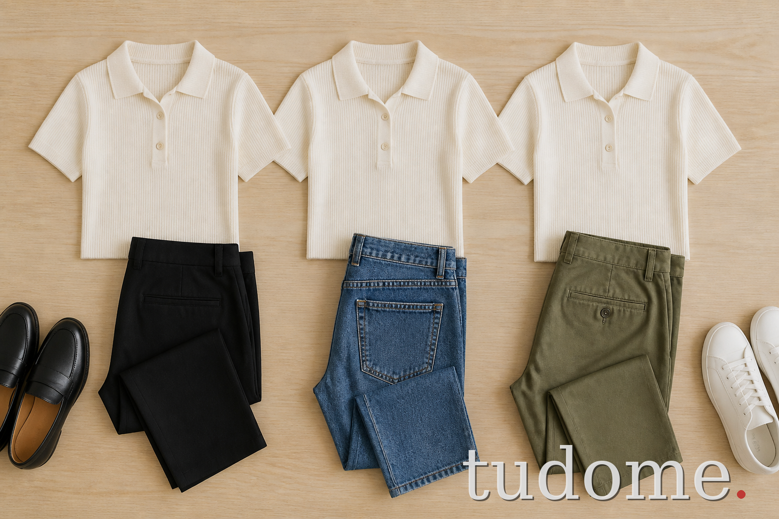 Áo polo nữ màu kem phối với quần đen, quần jean và quần kaki olive