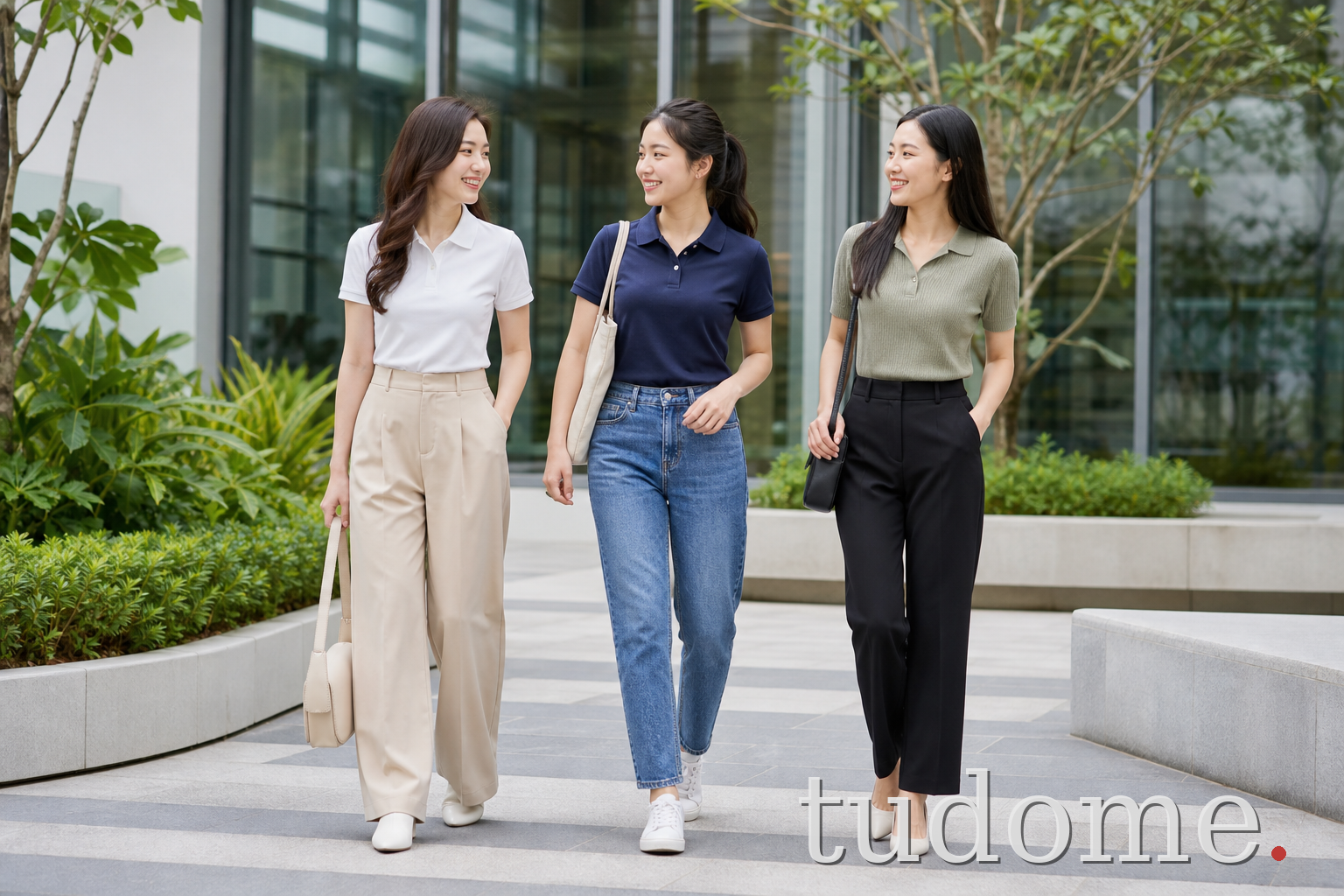 Ba cách phối áo polo nữ với quần tây, quần jean và quần đen