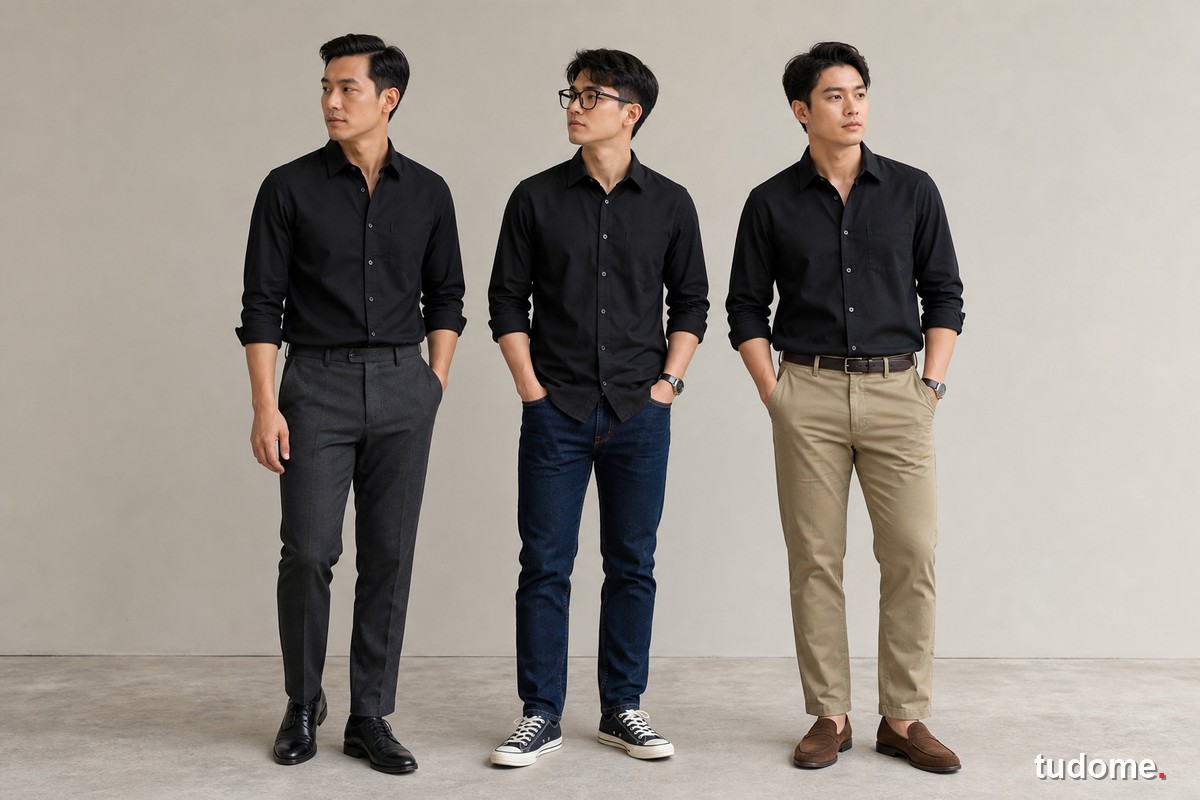 Ba trang phục áo sơ mi đen với quần xám, jean xanh và chinos be