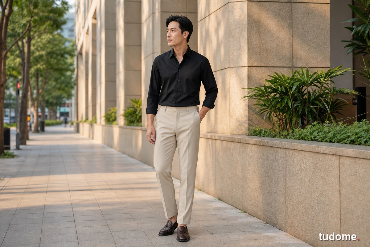 Nam giới mặc áo sơ mi đen với quần tây màu be
