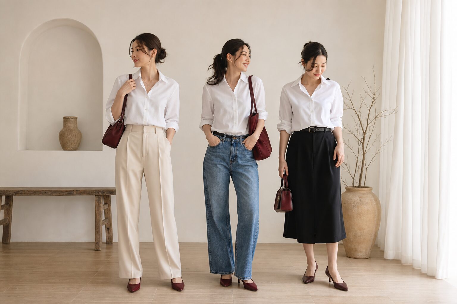 Ba cách phối áo sơ mi trắng nữ với quần tây, quần jean và chân váy