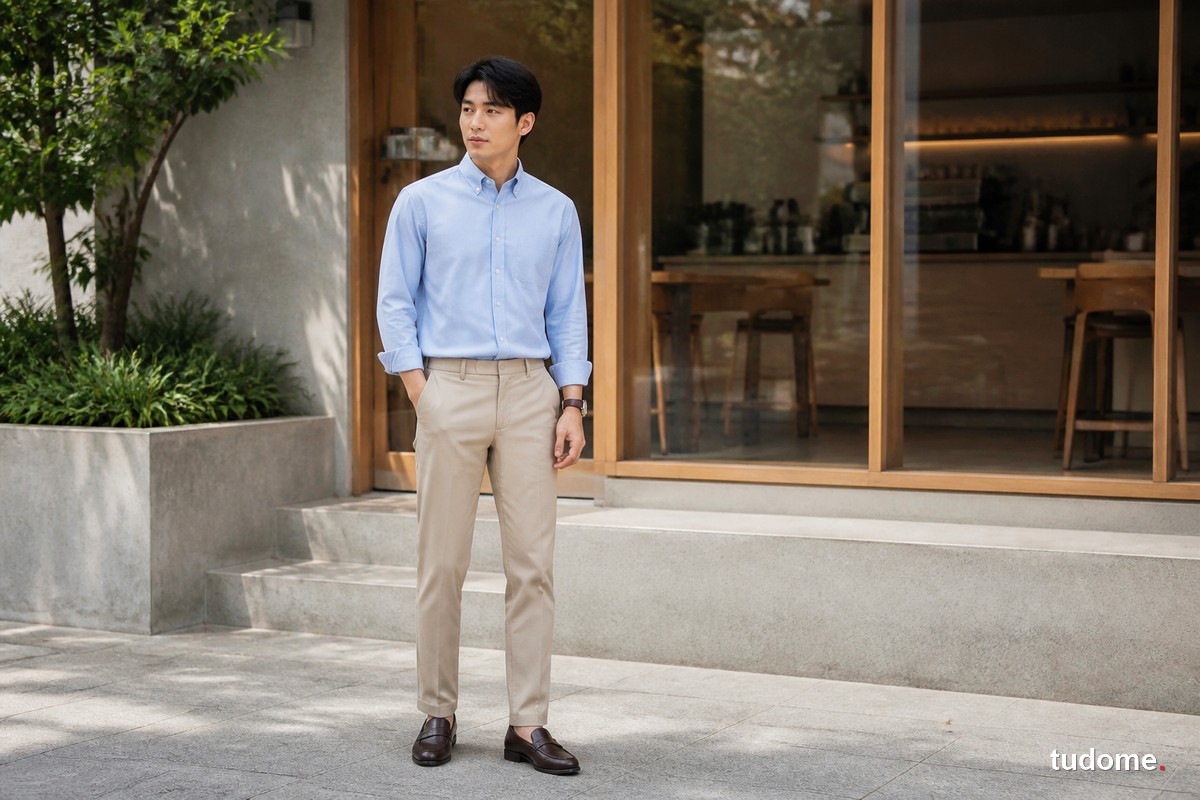 Nam mặc áo sơ mi xanh nhạt với quần chinos be