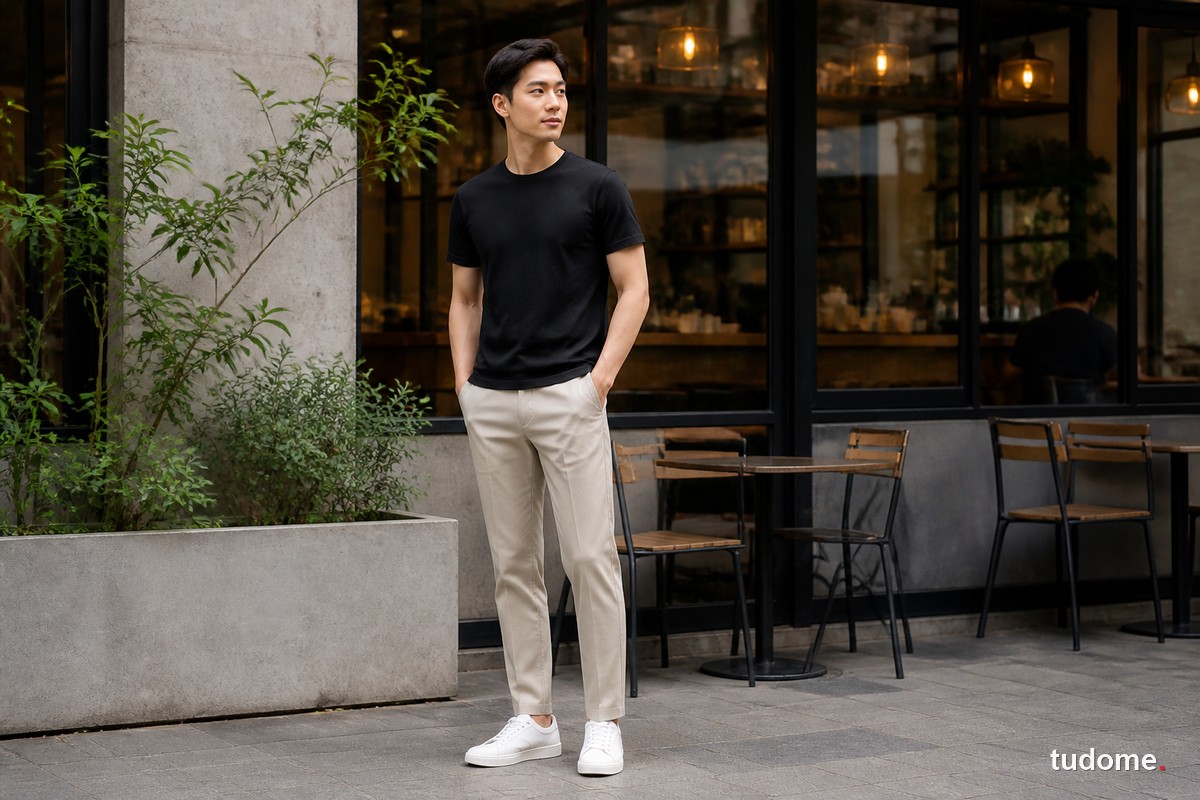 Nam mặc áo thun đen cùng quần be và sneaker trắng