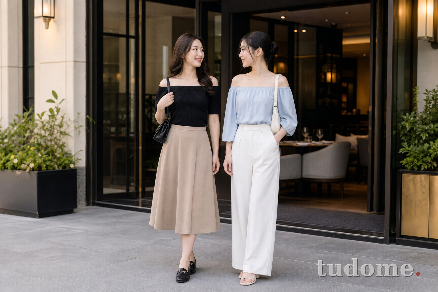 Phối áo trễ vai nữ với chân váy midi và quần tây trắng