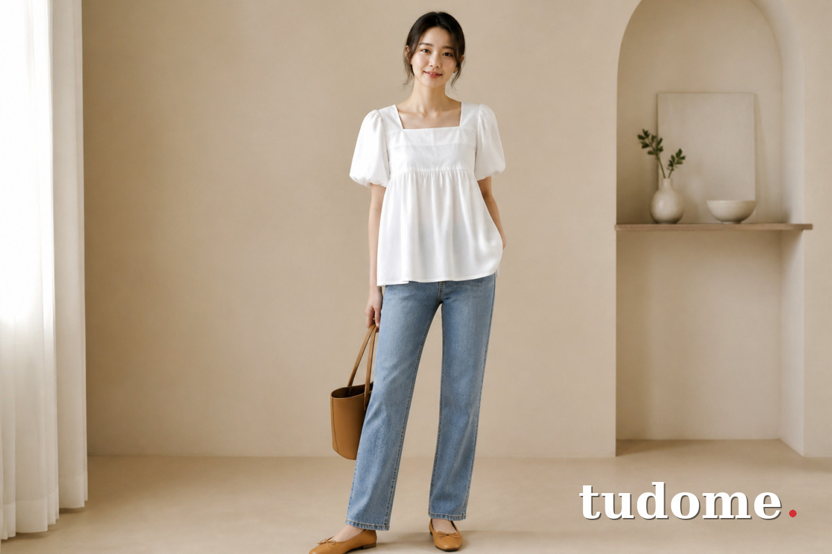 Áo babydoll trắng phối quần jeans ống suông