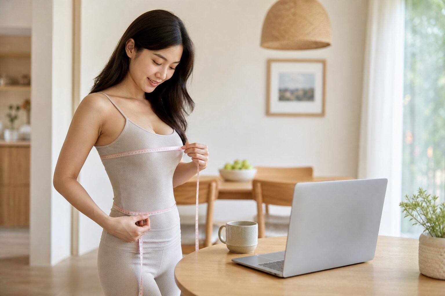 Người phụ nữ Việt dùng thước dây đo ngực và eo để chọn size quần áo online