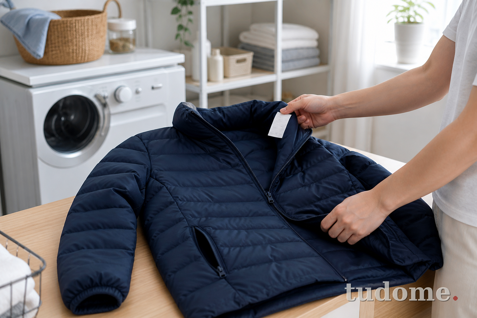 Kiểm tra nhãn và khóa kéo trước khi giặt áo khoác phao