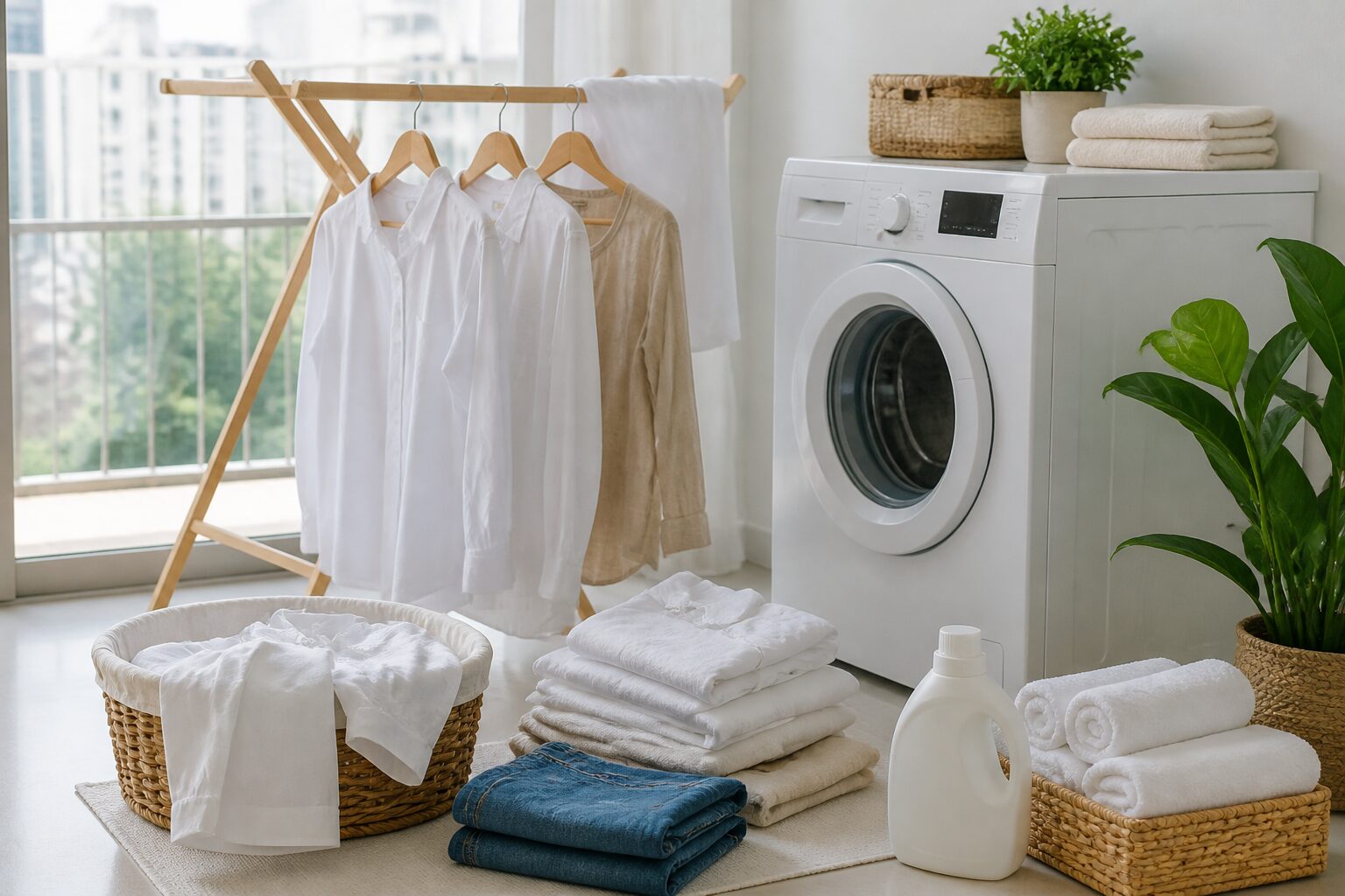 Không gian giặt quần áo sáng thoáng với áo trắng, linen và quần jean