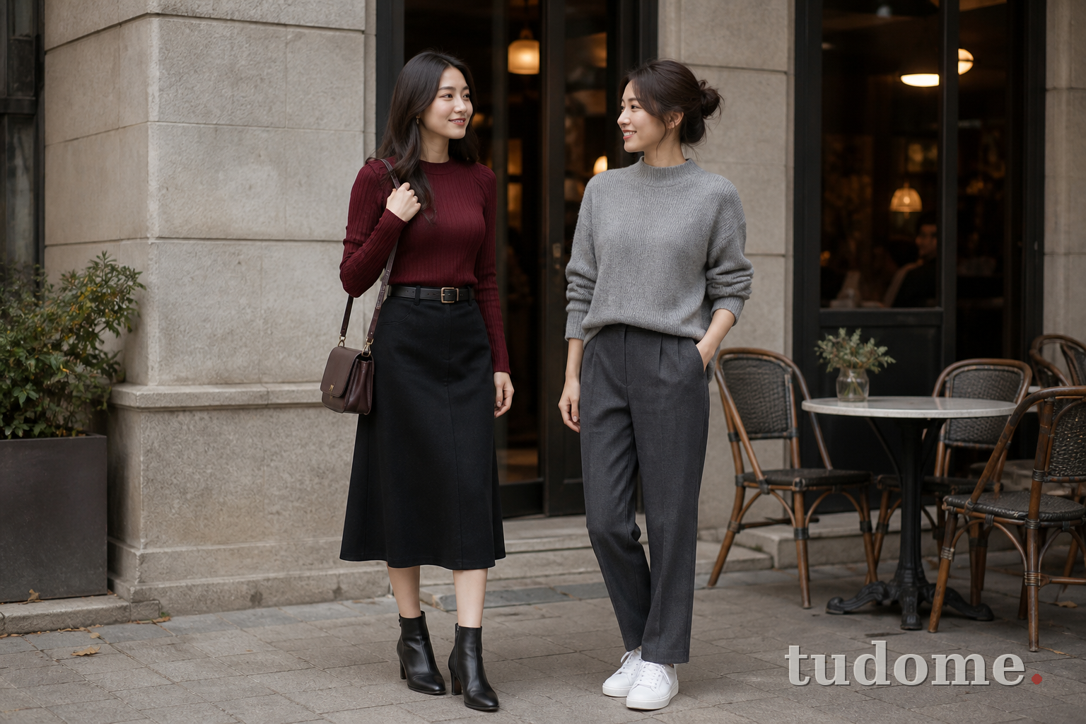 Hai cách phối áo len nữ với chân váy midi và quần tây