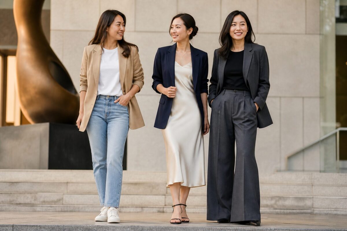 Ba phụ nữ Việt phối blazer beige, navy và xám theo ba phong cách