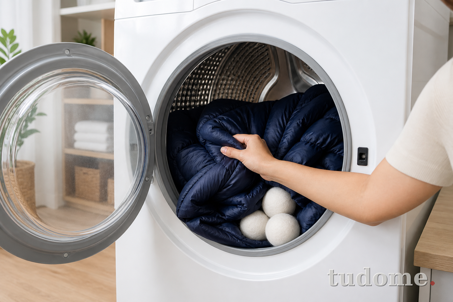Sấy áo khoác phao ở nhiệt thấp cùng bóng sấy sạch