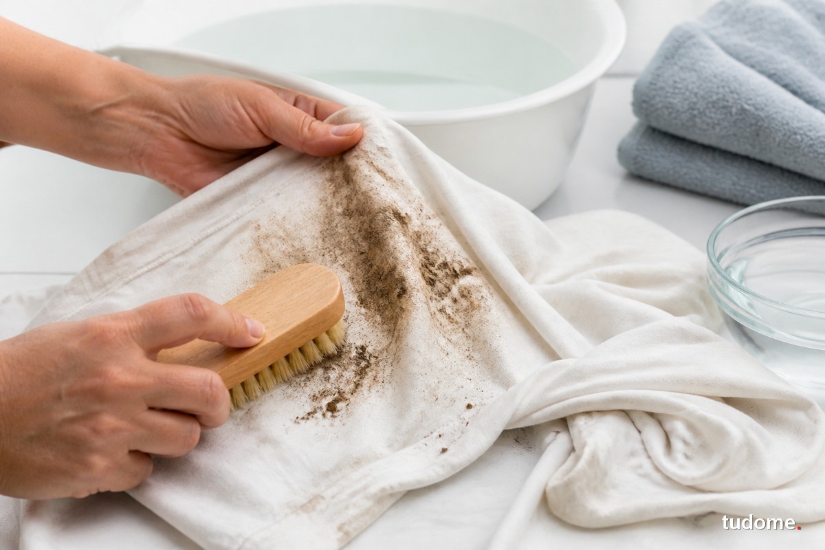 Dùng bàn chải mềm phủi bùn khô trên quần áo