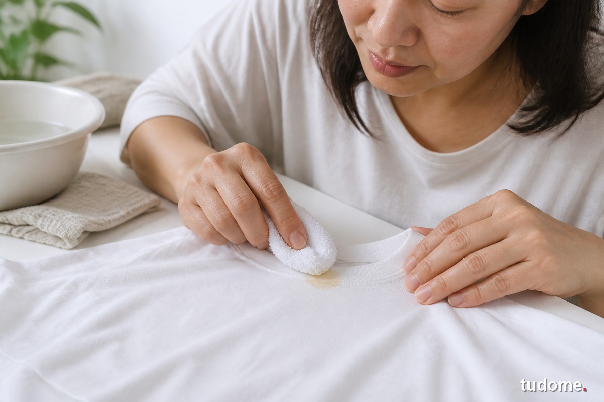 Người phụ nữ thấm nhẹ vết kem chống nắng trên áo trắng