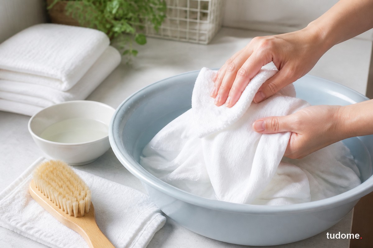 Dùng khăn sạch thấm vết bẩn trên áo trong chậu nước