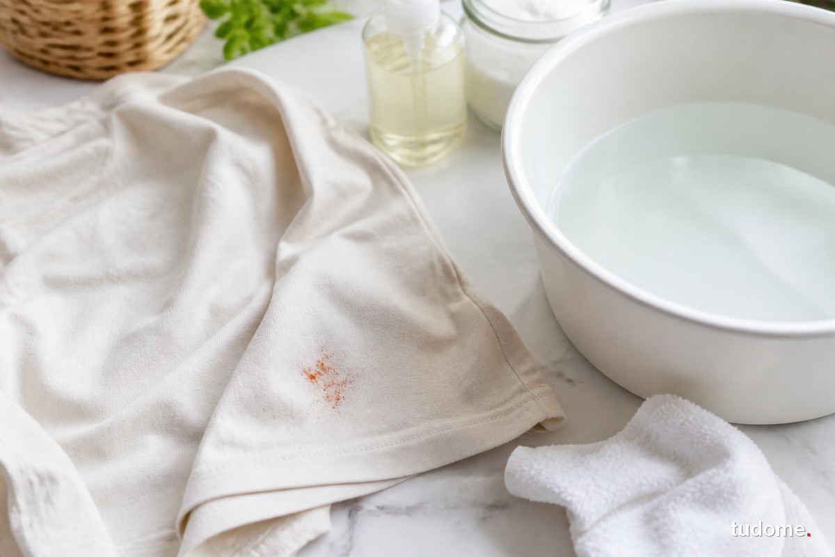 Áo sáng màu có vết rỉ sét nhỏ cạnh chậu nước giặt
