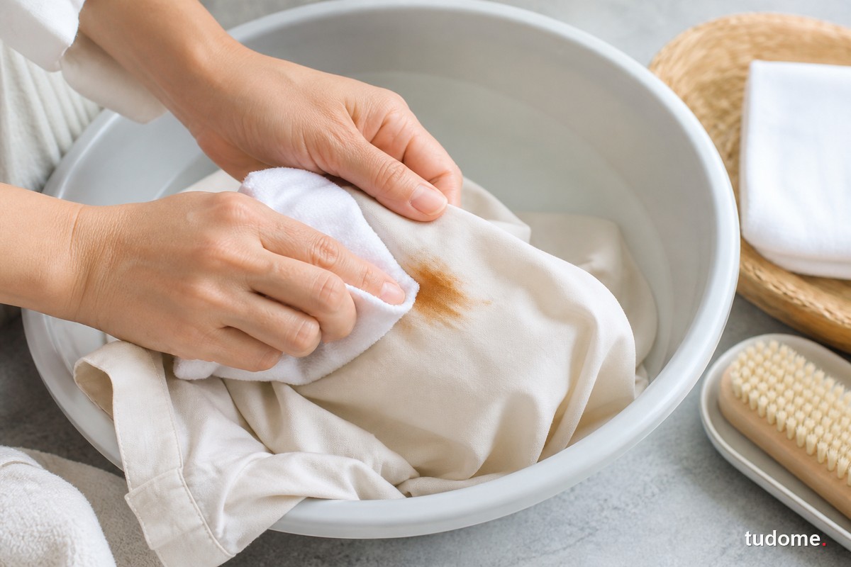 Dùng khăn trắng thấm nhẹ vết rỉ sét trên quần áo