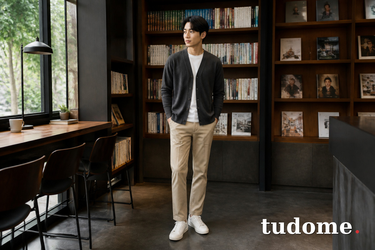 Cardigan nam màu than phối áo thun trắng và quần chinos