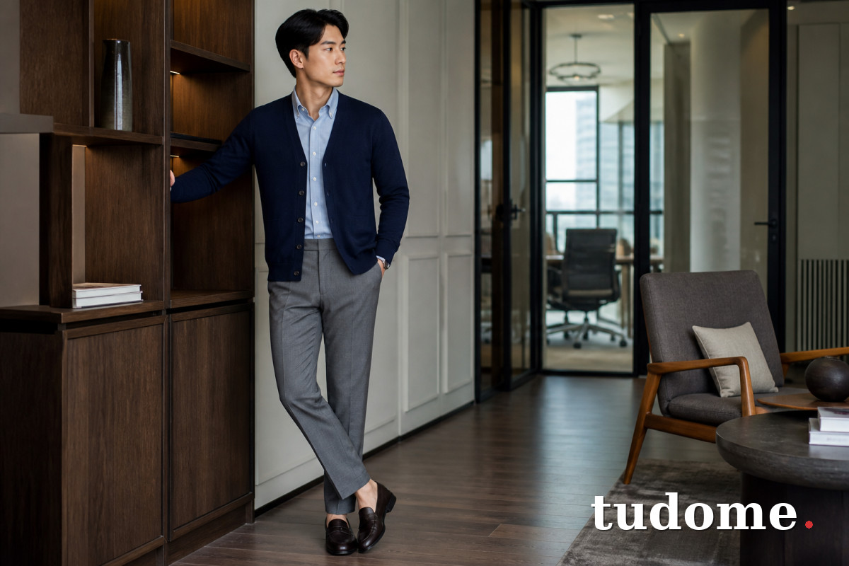 Cardigan nam xanh navy phối sơ mi và quần tây xám