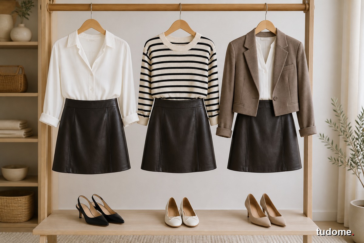 Ba gợi ý phối chân váy da với sơ mi, áo kẻ và blazer