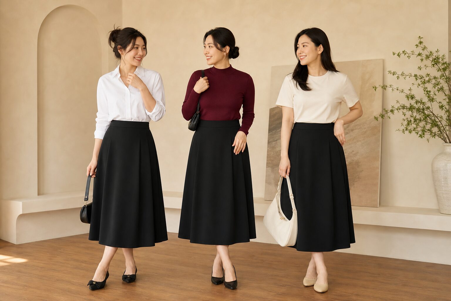 Ba phụ nữ Việt phối chân váy đen với sơ mi trắng, áo đỏ rượu và áo thun kem