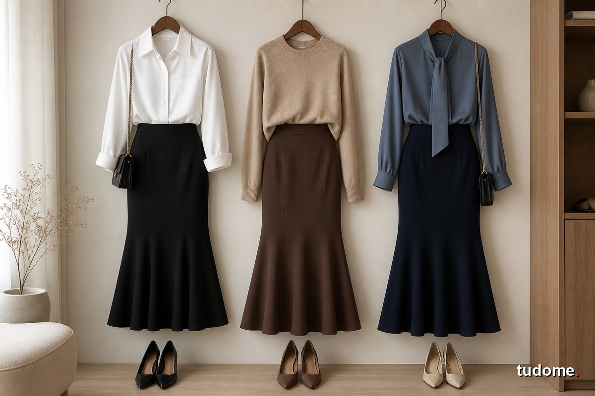Ba bộ chân váy đuôi cá phối với sơ mi, áo len và blouse