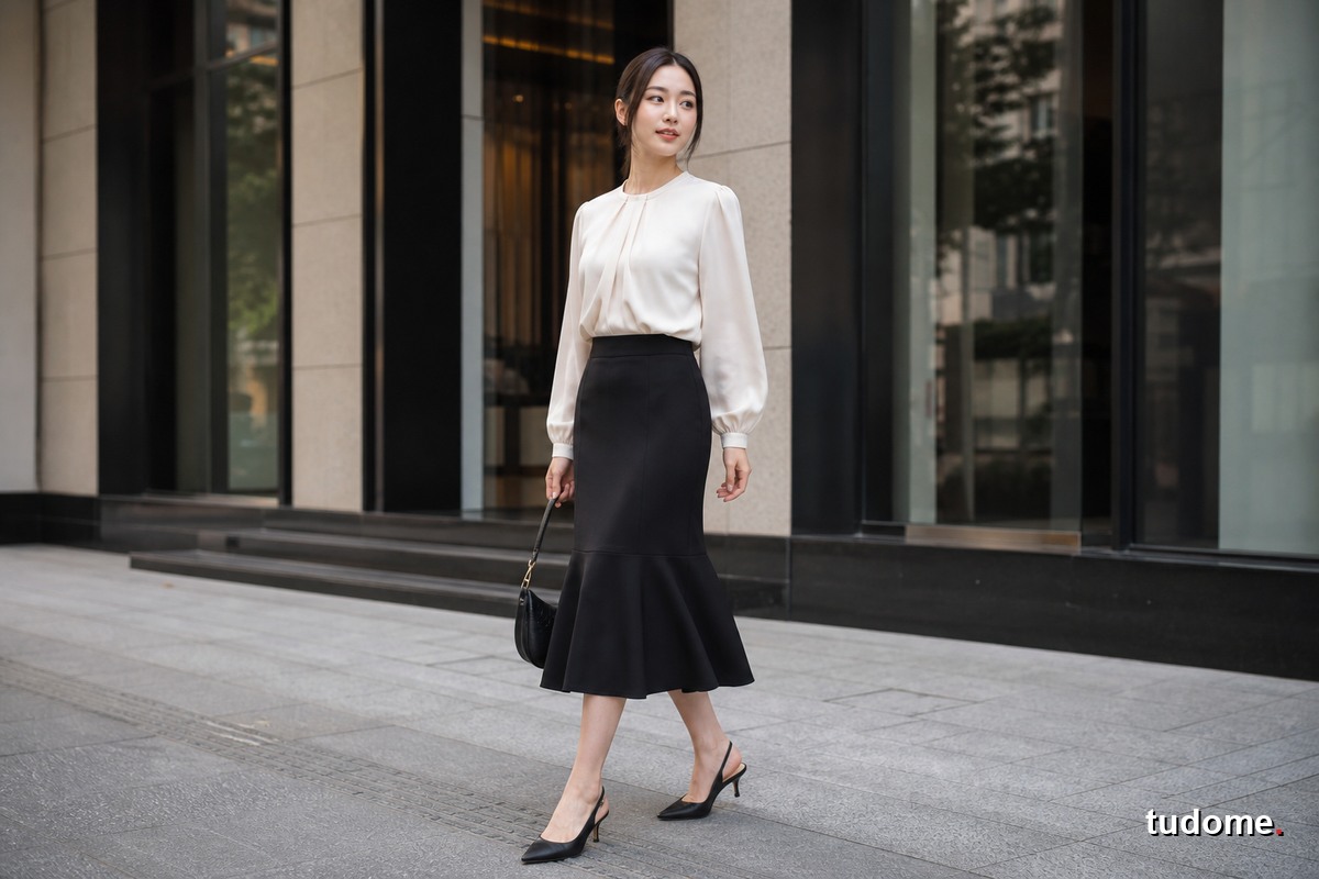 Phụ nữ mặc chân váy đuôi cá đen cùng blouse trắng