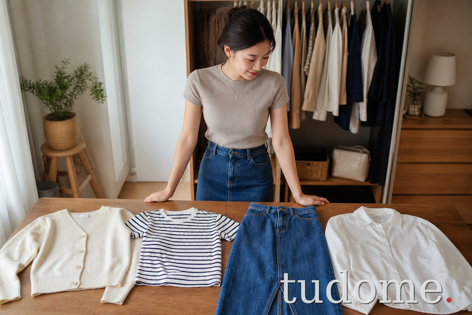 So sánh cardigan, áo sọc và sơ mi phối cùng chân váy jean