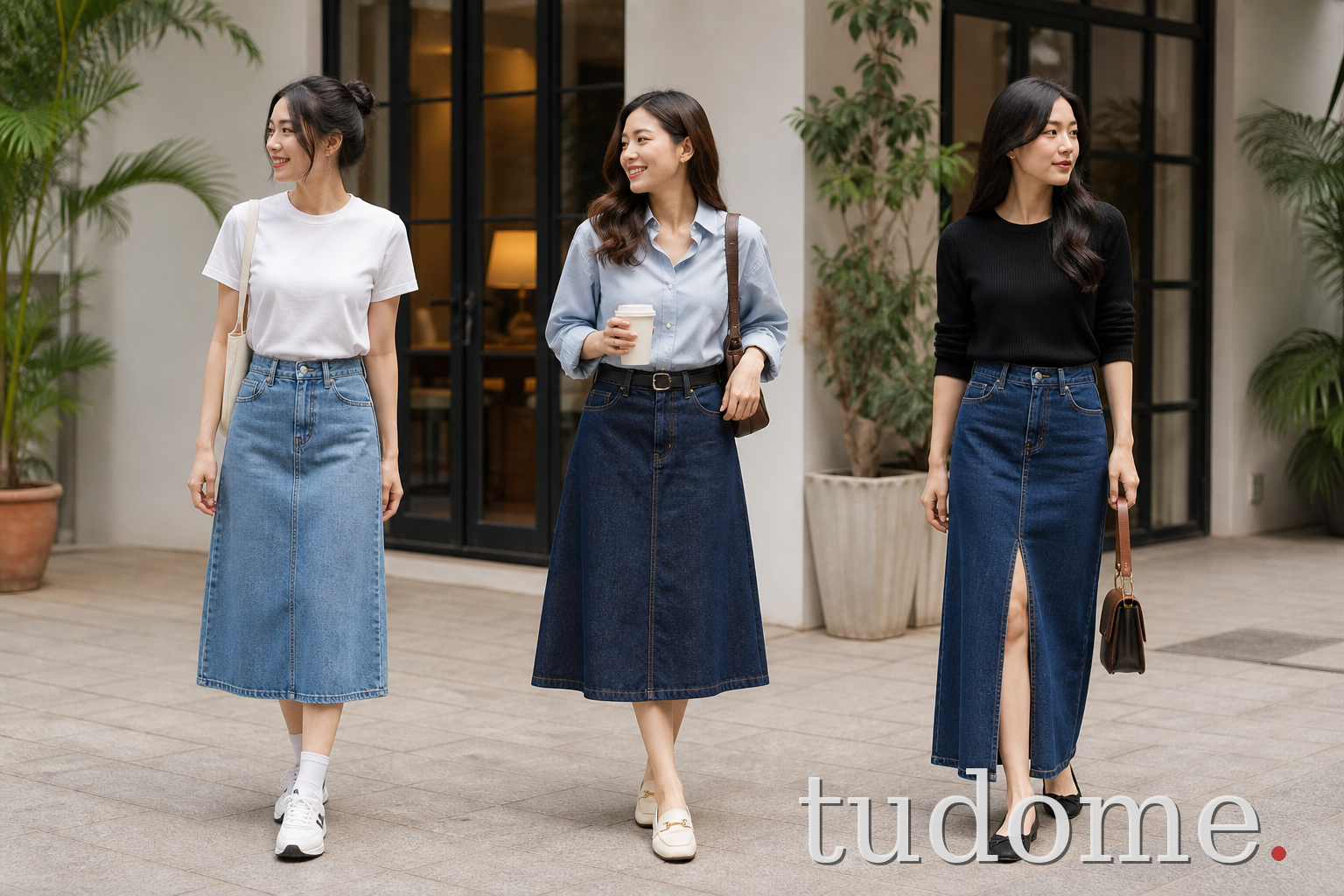 Ba cách phối chân váy jean dài với áo thun, sơ mi và áo dệt kim