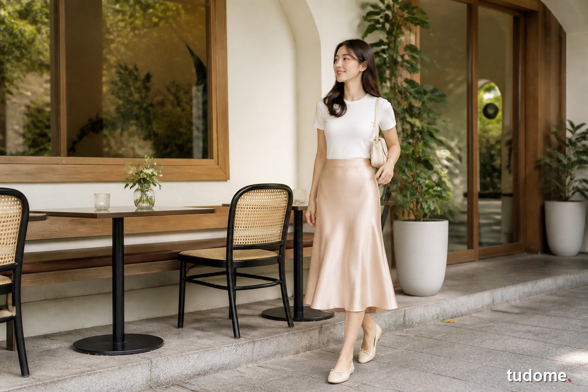 Phụ nữ mặc chân váy satin màu champagne với áo thun trắng