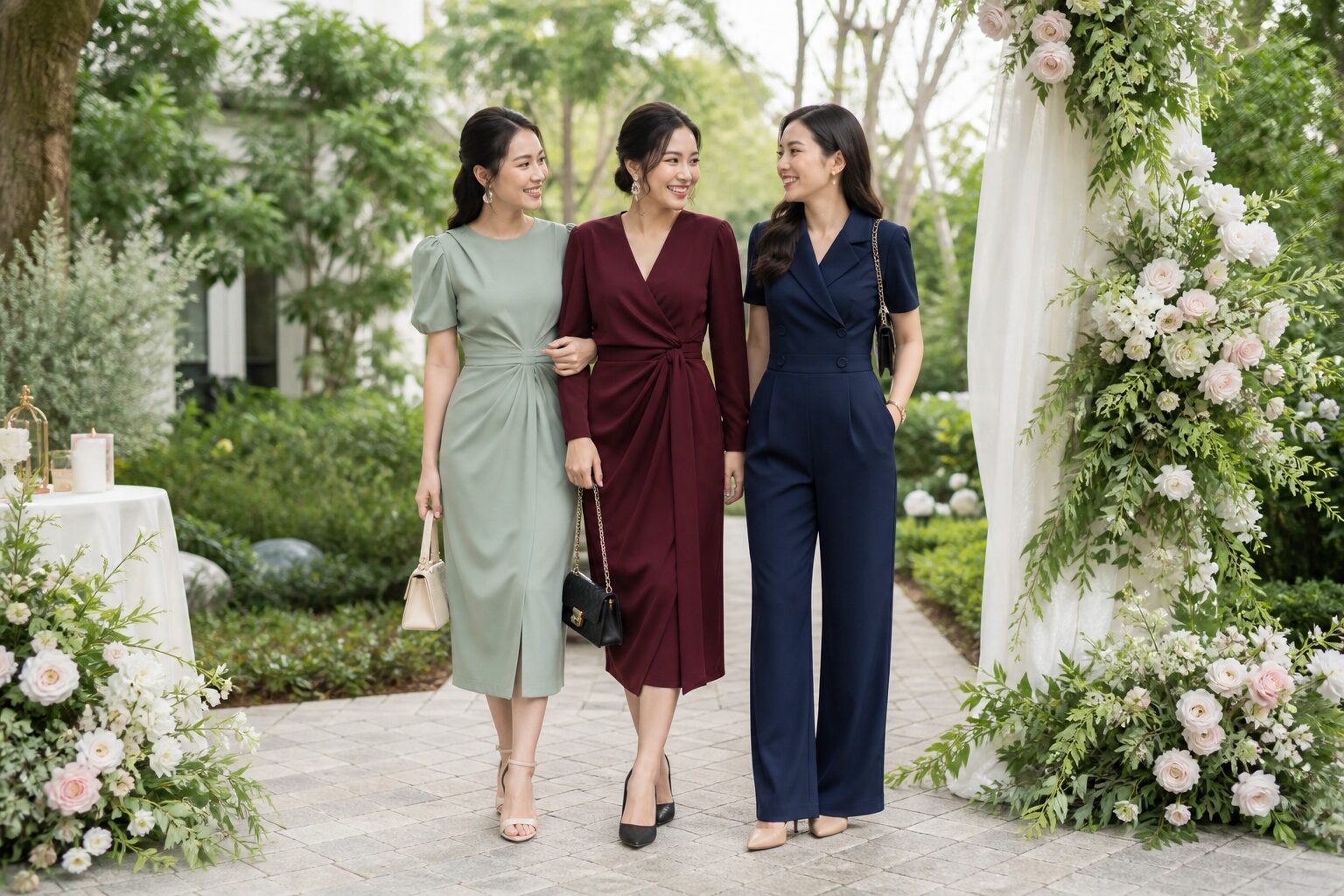 Gợi ý trang phục nữ đi đám cưới với váy midi và jumpsuit