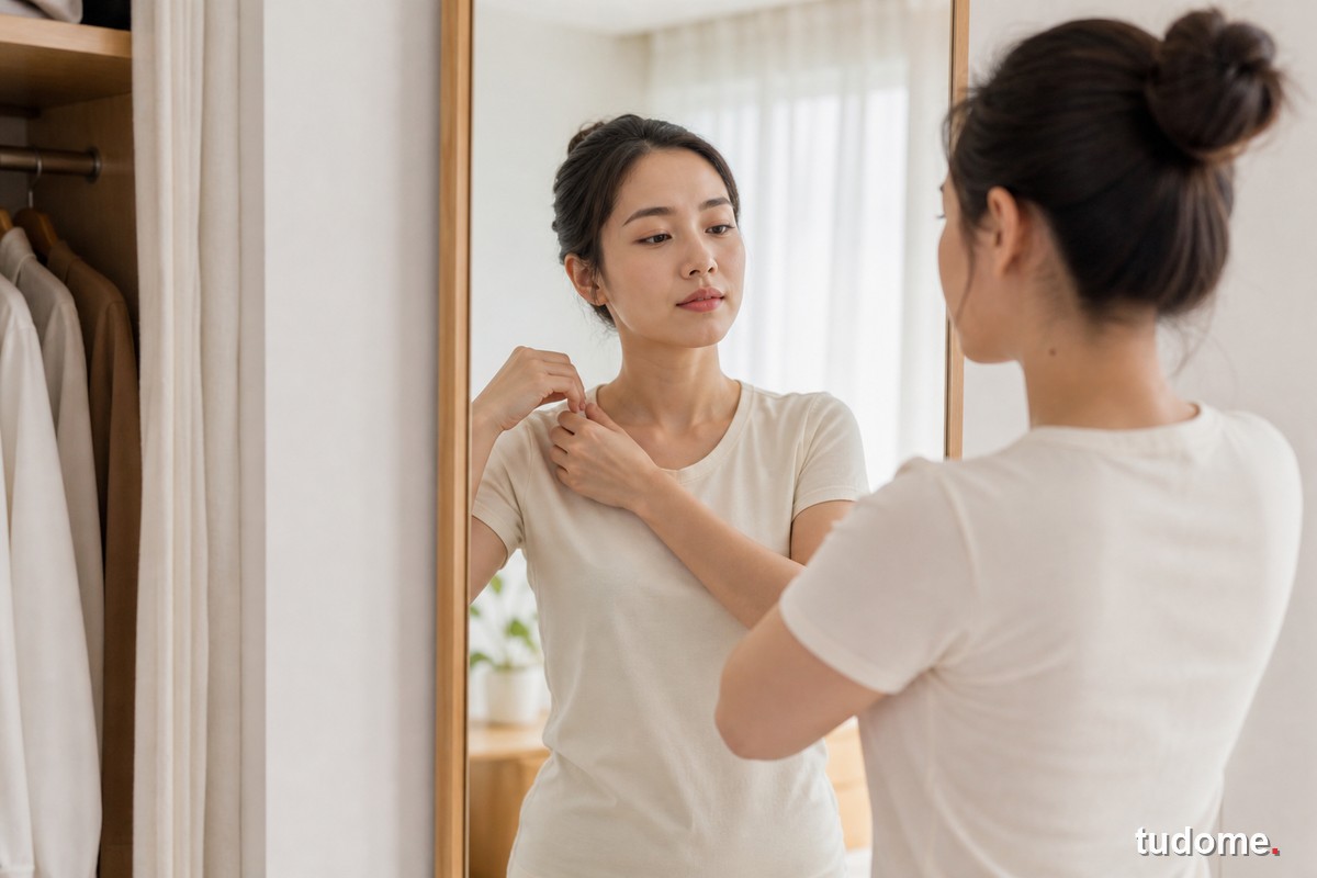 Phụ nữ mặc áo thun trắng điều chỉnh dây áo trước gương