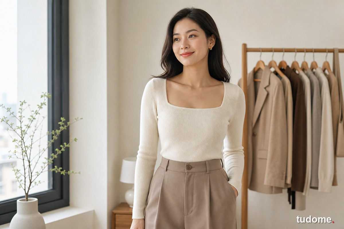 Người phụ nữ mặc áo cổ vuông màu kem với đường cổ gọn gàng