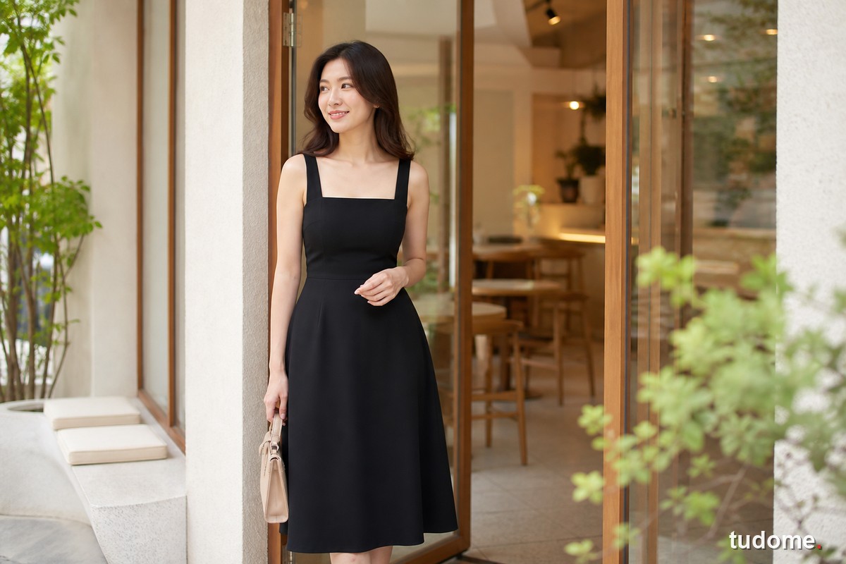 Phụ nữ mặc váy cổ vuông màu đen với đường cổ phẳng, gọn