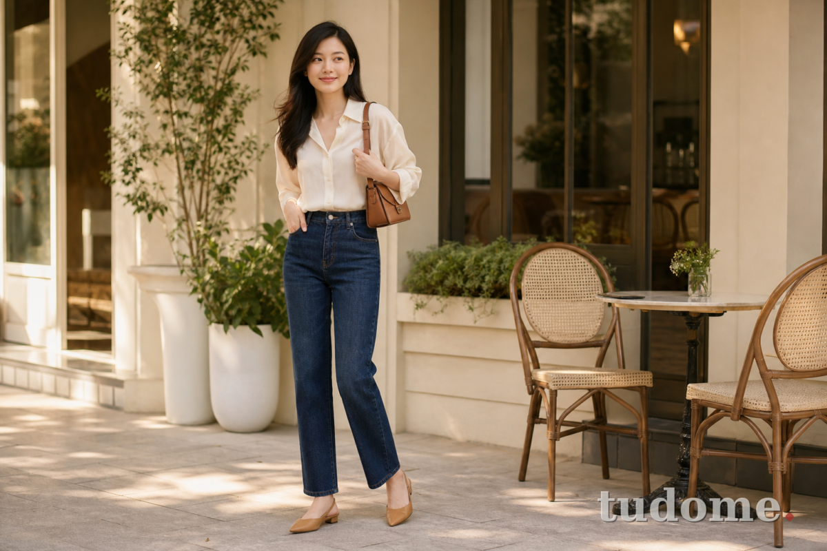 Trang phục nữ đi hẹn hò cà phê với áo blouse và quần jean