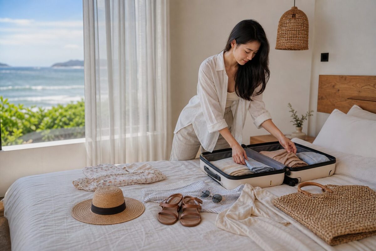 Người phụ nữ Việt chuẩn bị quần áo linen và phụ kiện cho chuyến đi biển
