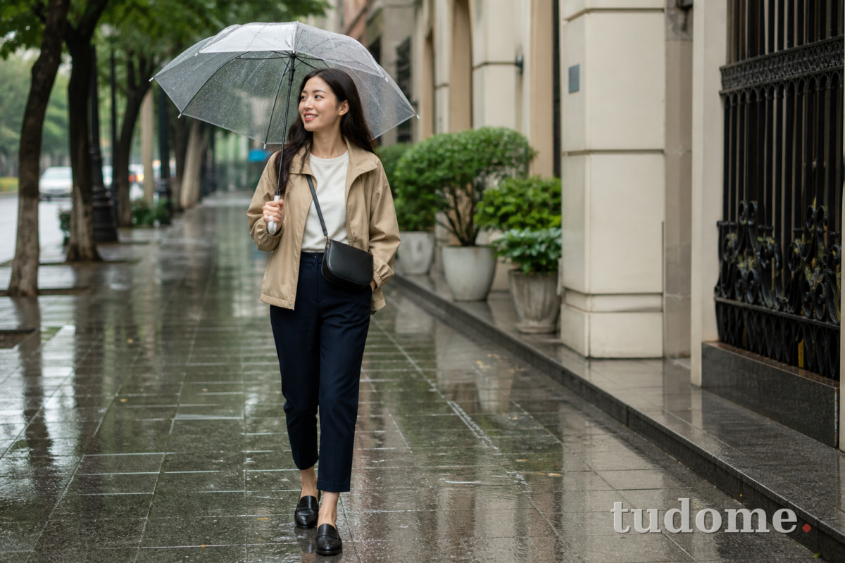 Phối đồ mùa mưa nữ với áo khoác nhẹ và quần lửng