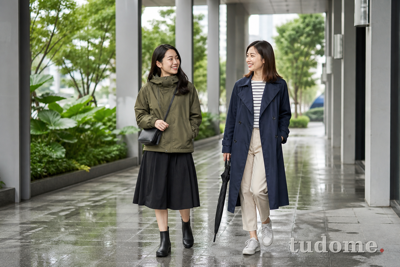 Trang phục nữ mùa mưa với áo hooded và trench coat