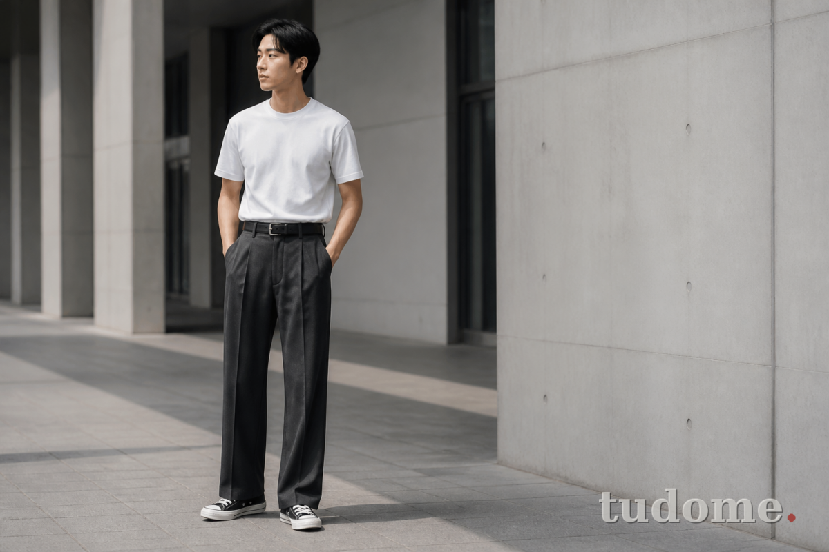 Quần baggy nam màu than phối áo thun trắng