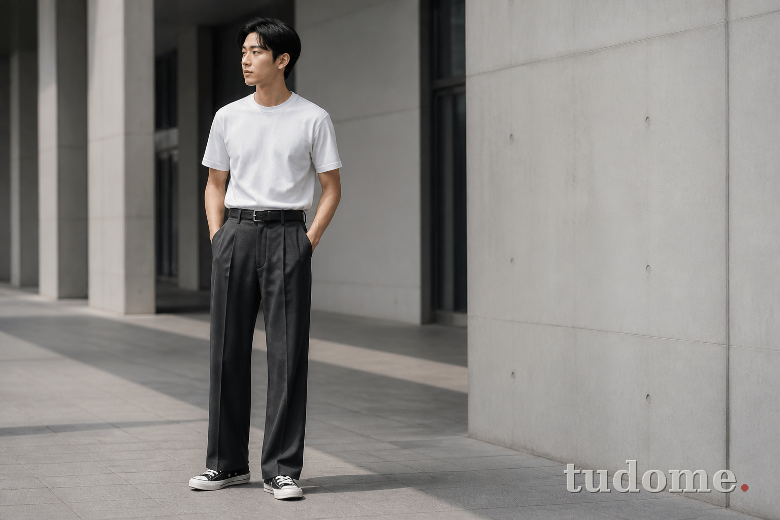 Quần baggy nam màu than phối áo thun trắng